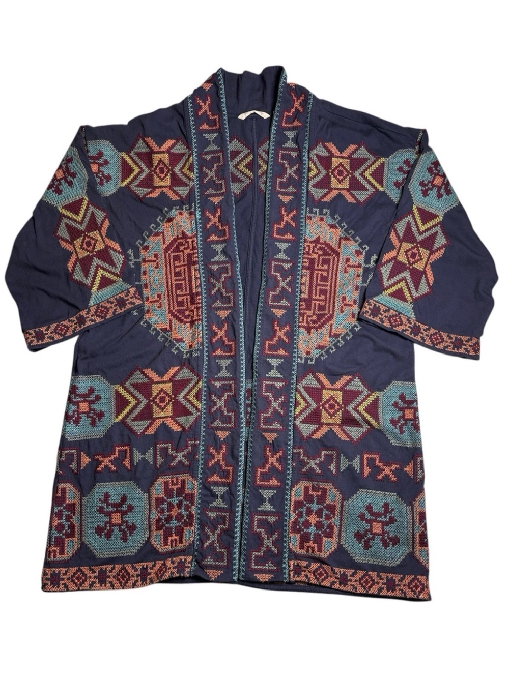 Soft Surroundings Open Front Kimono Style Jacket L/XL Embroidered Boho Aztec